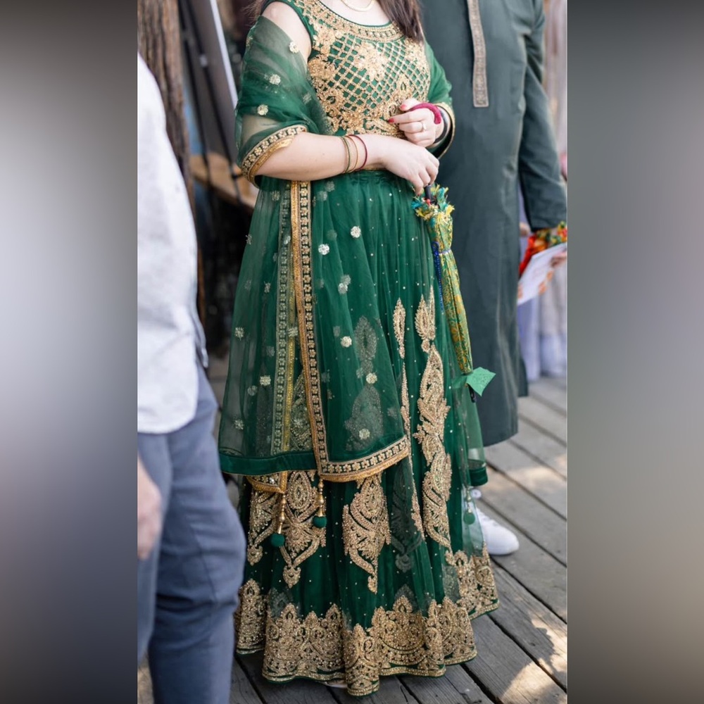 Indian Wedding Guest - Green/Gold Embroidered Lehenga